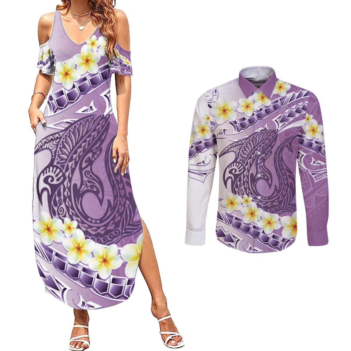 Purple Hawaii Shark Tattoo Couples Matching Summer Maxi Dress and Long Sleeve Button Shirt Frangipani With Polynesian Pastel Version