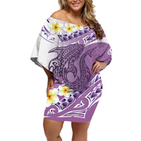 Purple Hawaii Shark Tattoo Family Matching Off Shoulder Short Dress and Hawaiian Shirt Frangipani With Polynesian Pastel Version