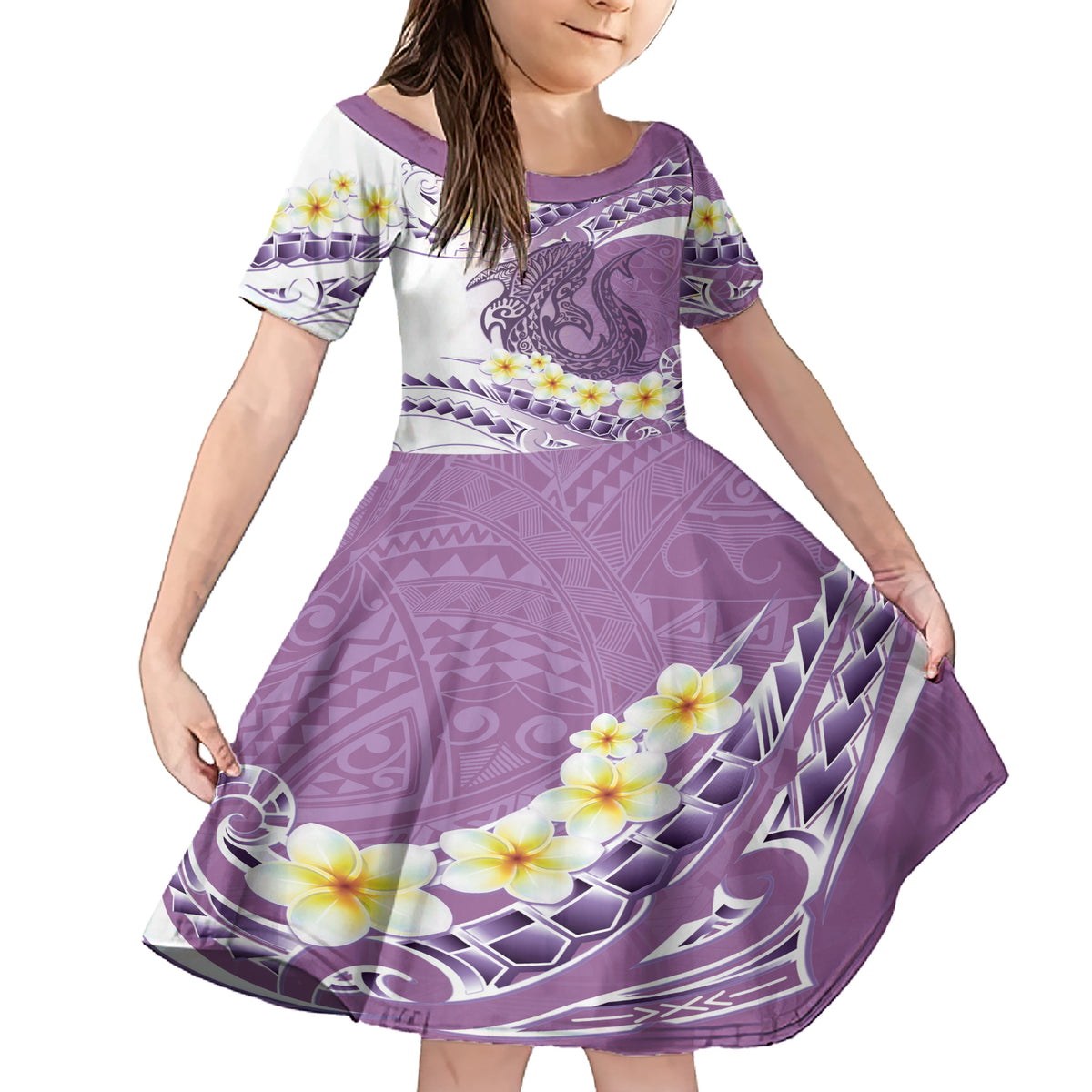 Purple Hawaii Shark Tattoo Family Matching Short Sleeve Bodycon Dress and Hawaiian Shirt Frangipani With Polynesian Pastel Version