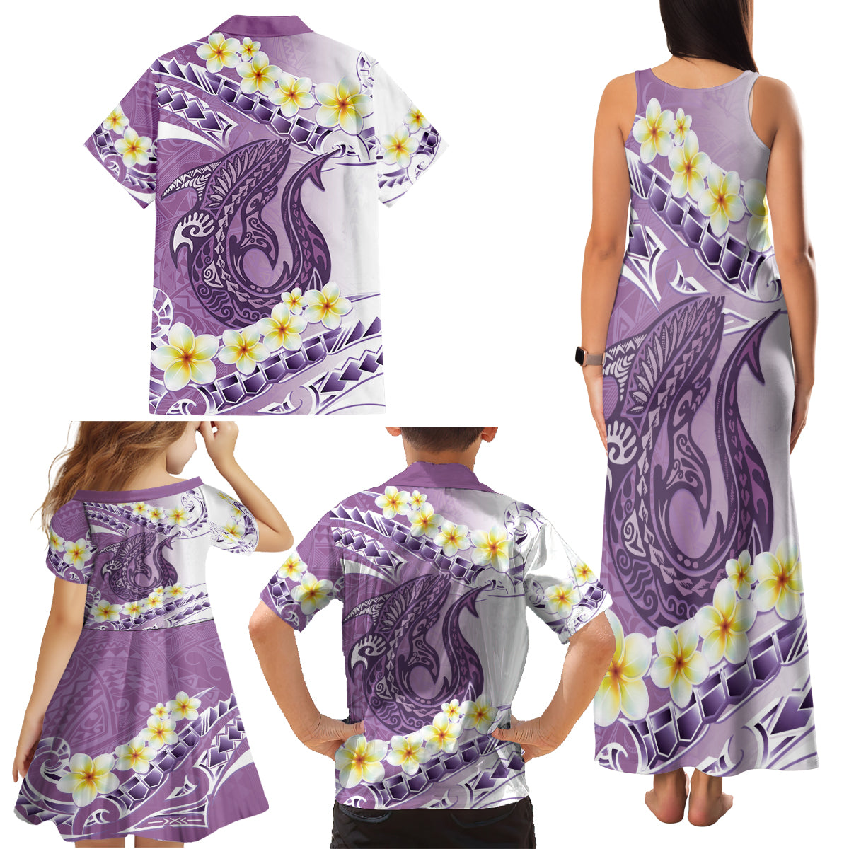 Purple Hawaii Shark Tattoo Family Matching Tank Maxi Dress and Hawaiian Shirt Frangipani With Polynesian Pastel Version