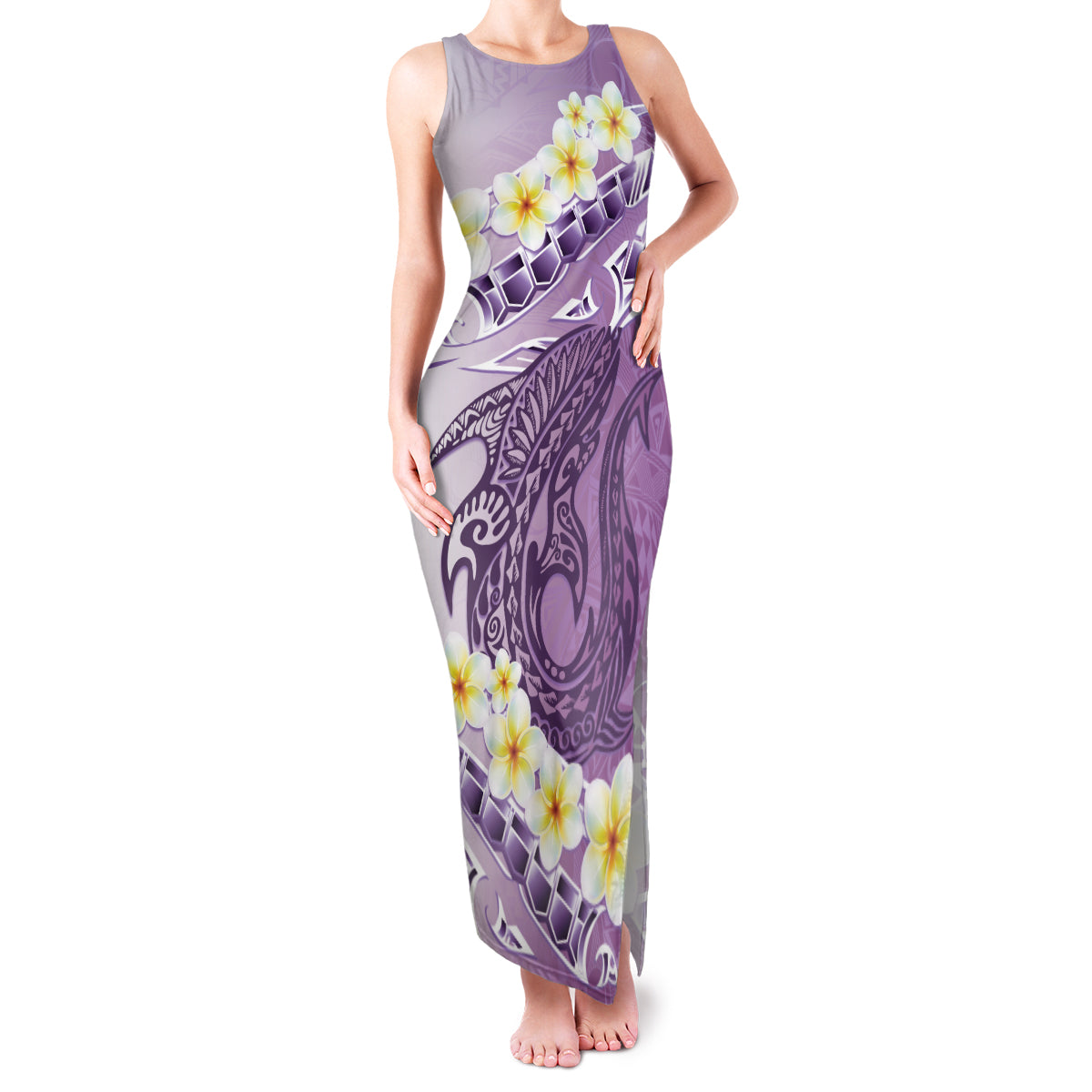 Purple Hawaii Shark Tattoo Family Matching Tank Maxi Dress and Hawaiian Shirt Frangipani With Polynesian Pastel Version