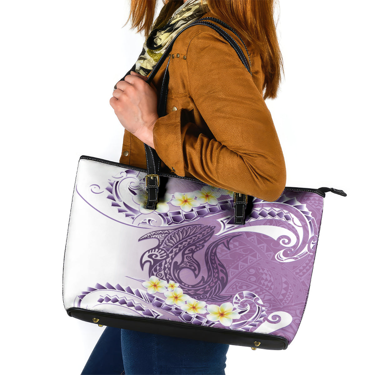 Purple Hawaii Shark Tattoo Leather Tote Bag Frangipani With Polynesian Pastel Version