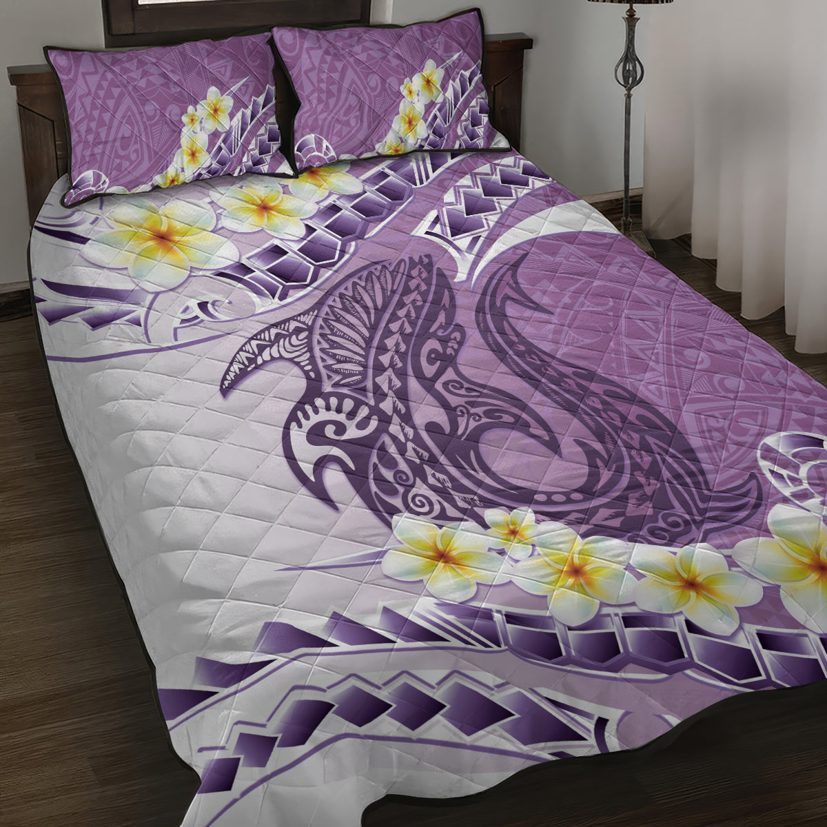 Purple Hawaii Shark Tattoo Quilt Bed Set Frangipani With Polynesian Pastel Version