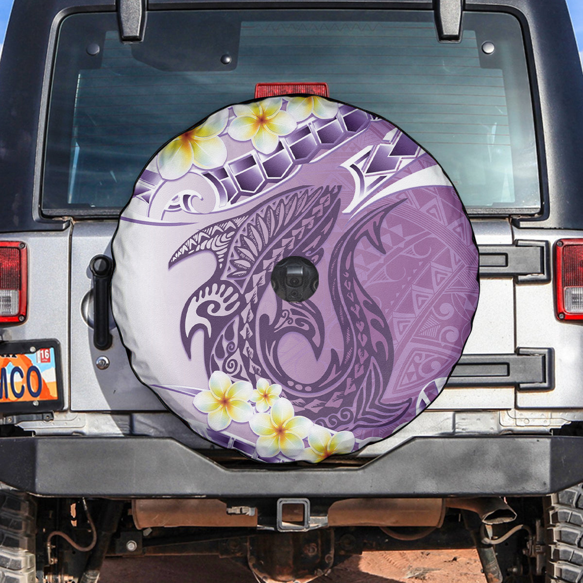 Purple Hawaii Shark Tattoo Spare Tire Cover Frangipani With Polynesian Pastel Version