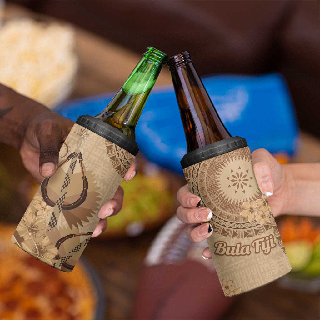 Brown Bula Fiji 4 in 1 Can Cooler Tumbler Fijian Dance Fan Tapa Cloth Pattern