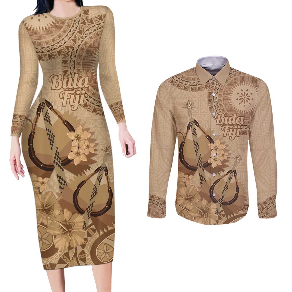Brown Bula Fiji Couples Matching Long Sleeve Bodycon Dress and Long Sleeve Button Shirt Fijian Dance Fan Tapa Cloth Pattern