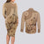 Brown Bula Fiji Couples Matching Long Sleeve Bodycon Dress and Long Sleeve Button Shirt Fijian Dance Fan Tapa Cloth Pattern