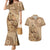 Brown Bula Fiji Couples Matching Mermaid Dress and Hawaiian Shirt Fijian Dance Fan Tapa Cloth Pattern