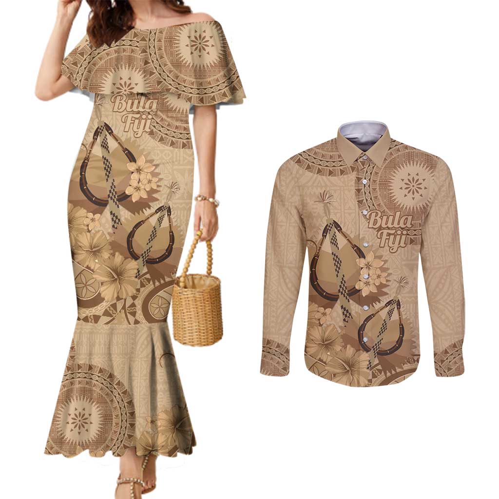 Brown Bula Fiji Couples Matching Mermaid Dress and Long Sleeve Button Shirt Fijian Dance Fan Tapa Cloth Pattern