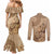 Brown Bula Fiji Couples Matching Mermaid Dress and Long Sleeve Button Shirt Fijian Dance Fan Tapa Cloth Pattern