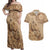 Brown Bula Fiji Couples Matching Off Shoulder Maxi Dress and Hawaiian Shirt Fijian Dance Fan Tapa Cloth Pattern