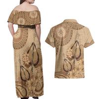 Brown Bula Fiji Couples Matching Off Shoulder Maxi Dress and Hawaiian Shirt Fijian Dance Fan Tapa Cloth Pattern
