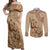 Brown Bula Fiji Couples Matching Off Shoulder Maxi Dress and Long Sleeve Button Shirt Fijian Dance Fan Tapa Cloth Pattern