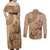 Brown Bula Fiji Couples Matching Off Shoulder Maxi Dress and Long Sleeve Button Shirt Fijian Dance Fan Tapa Cloth Pattern