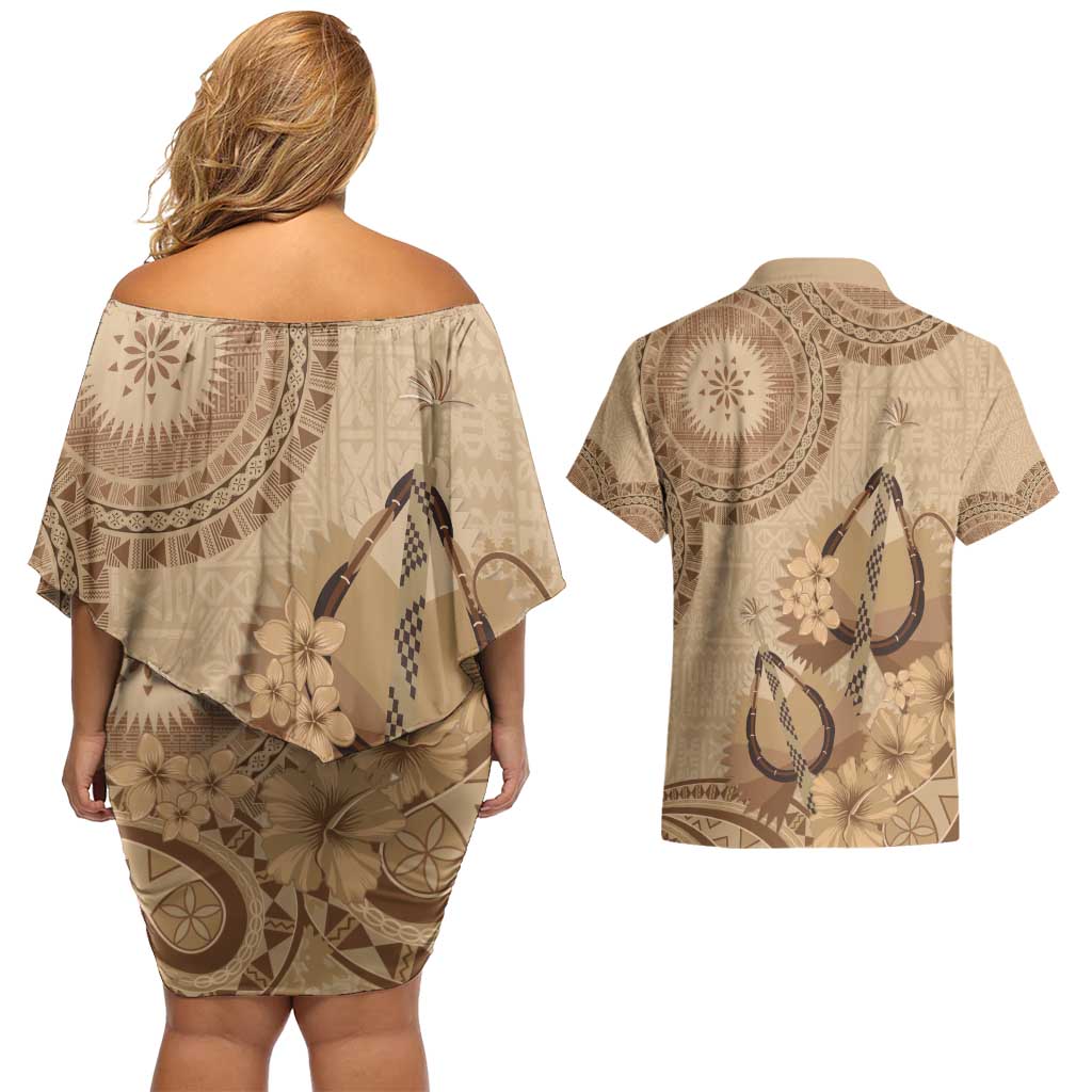 Brown Bula Fiji Couples Matching Off Shoulder Short Dress and Hawaiian Shirt Fijian Dance Fan Tapa Cloth Pattern