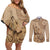 Brown Bula Fiji Couples Matching Off Shoulder Short Dress and Long Sleeve Button Shirt Fijian Dance Fan Tapa Cloth Pattern