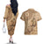 Brown Bula Fiji Couples Matching Off The Shoulder Long Sleeve Dress and Hawaiian Shirt Fijian Dance Fan Tapa Cloth Pattern