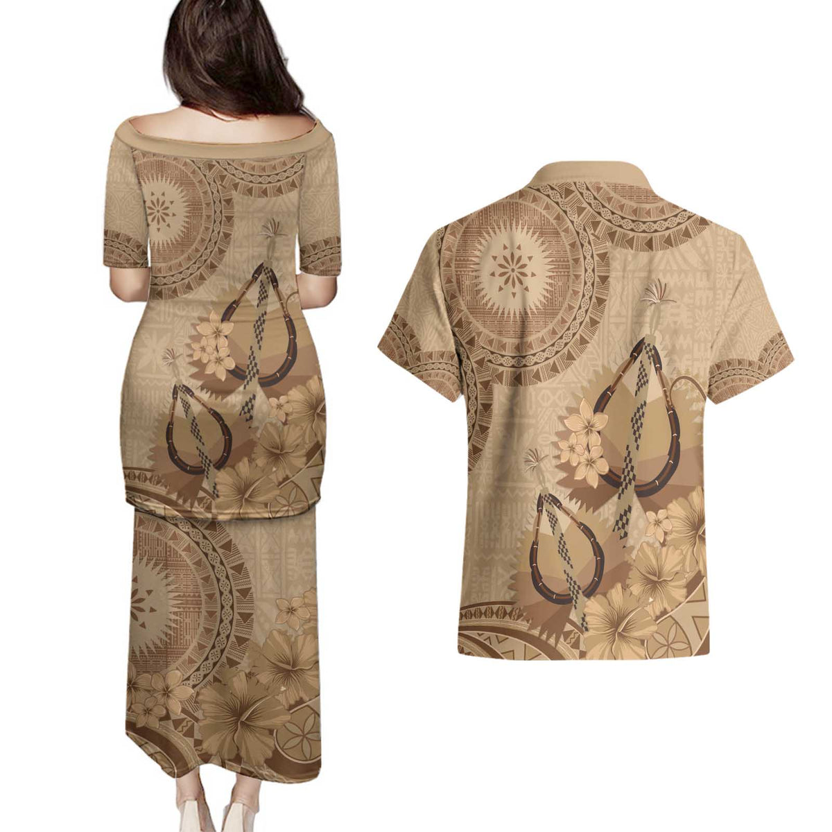 Brown Bula Fiji Couples Matching Puletasi and Hawaiian Shirt Fijian Dance Fan Tapa Cloth Pattern