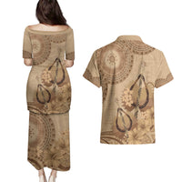 Brown Bula Fiji Couples Matching Puletasi and Hawaiian Shirt Fijian Dance Fan Tapa Cloth Pattern