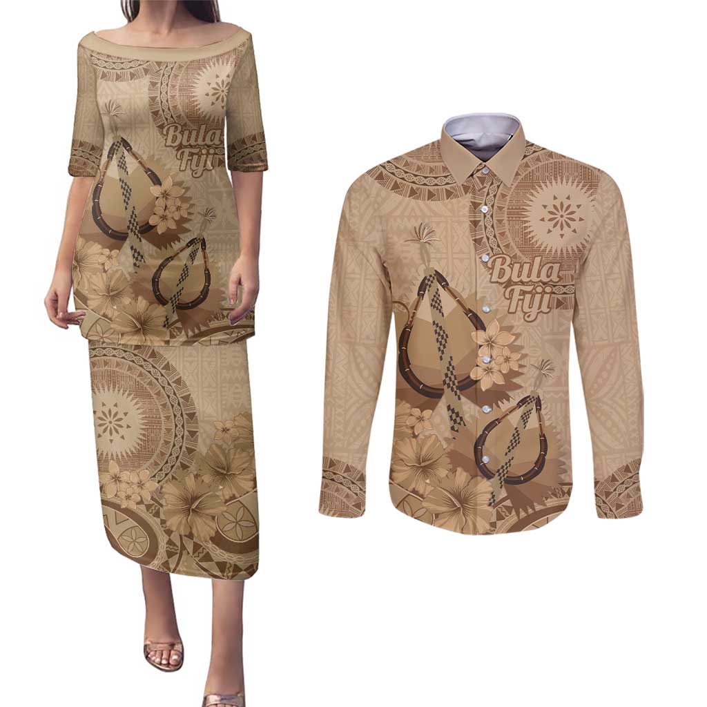 Brown Bula Fiji Couples Matching Puletasi and Long Sleeve Button Shirt Fijian Dance Fan Tapa Cloth Pattern