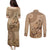 Brown Bula Fiji Couples Matching Puletasi and Long Sleeve Button Shirt Fijian Dance Fan Tapa Cloth Pattern