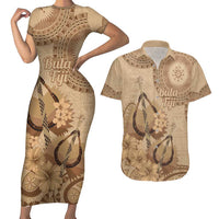 Brown Bula Fiji Couples Matching Short Sleeve Bodycon Dress and Hawaiian Shirt Fijian Dance Fan Tapa Cloth Pattern