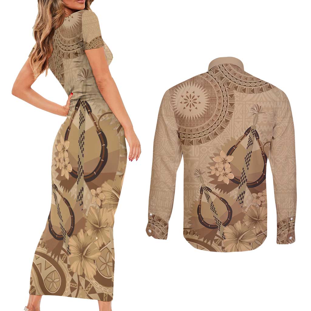 Brown Bula Fiji Couples Matching Short Sleeve Bodycon Dress and Long Sleeve Button Shirt Fijian Dance Fan Tapa Cloth Pattern