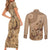 Brown Bula Fiji Couples Matching Short Sleeve Bodycon Dress and Long Sleeve Button Shirt Fijian Dance Fan Tapa Cloth Pattern