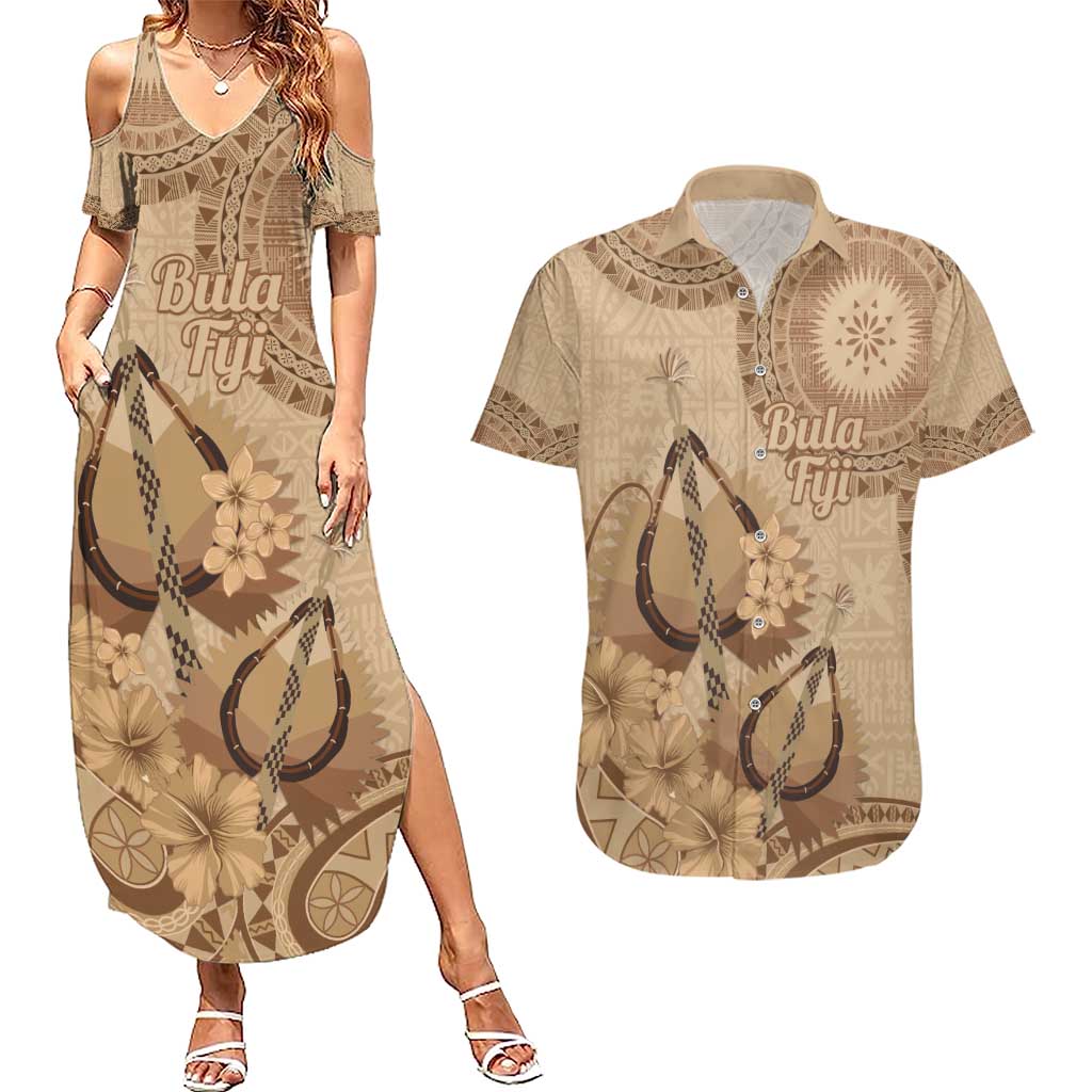 Brown Bula Fiji Couples Matching Summer Maxi Dress and Hawaiian Shirt Fijian Dance Fan Tapa Cloth Pattern