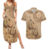 Brown Bula Fiji Couples Matching Summer Maxi Dress and Hawaiian Shirt Fijian Dance Fan Tapa Cloth Pattern