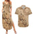 Brown Bula Fiji Couples Matching Summer Maxi Dress and Hawaiian Shirt Fijian Dance Fan Tapa Cloth Pattern