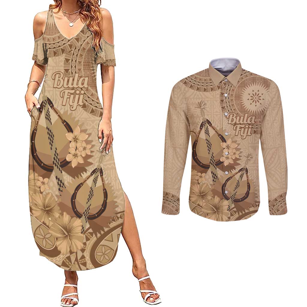 Brown Bula Fiji Couples Matching Summer Maxi Dress and Long Sleeve Button Shirt Fijian Dance Fan Tapa Cloth Pattern