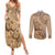 Brown Bula Fiji Couples Matching Summer Maxi Dress and Long Sleeve Button Shirt Fijian Dance Fan Tapa Cloth Pattern