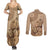 Brown Bula Fiji Couples Matching Summer Maxi Dress and Long Sleeve Button Shirt Fijian Dance Fan Tapa Cloth Pattern