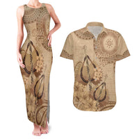 Brown Bula Fiji Couples Matching Tank Maxi Dress and Hawaiian Shirt Fijian Dance Fan Tapa Cloth Pattern