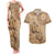 Brown Bula Fiji Couples Matching Tank Maxi Dress and Hawaiian Shirt Fijian Dance Fan Tapa Cloth Pattern