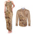 Brown Bula Fiji Couples Matching Tank Maxi Dress and Long Sleeve Button Shirt Fijian Dance Fan Tapa Cloth Pattern