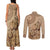 Brown Bula Fiji Couples Matching Tank Maxi Dress and Long Sleeve Button Shirt Fijian Dance Fan Tapa Cloth Pattern