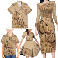 Brown Bula Fiji Family Matching Long Sleeve Bodycon Dress and Hawaiian Shirt Fijian Dance Fan Tapa Cloth Pattern