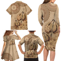 Brown Bula Fiji Family Matching Long Sleeve Bodycon Dress and Hawaiian Shirt Fijian Dance Fan Tapa Cloth Pattern