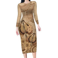 Brown Bula Fiji Family Matching Long Sleeve Bodycon Dress and Hawaiian Shirt Fijian Dance Fan Tapa Cloth Pattern