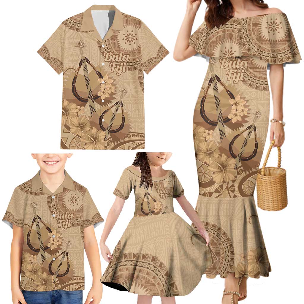 Brown Bula Fiji Family Matching Mermaid Dress and Hawaiian Shirt Fijian Dance Fan Tapa Cloth Pattern