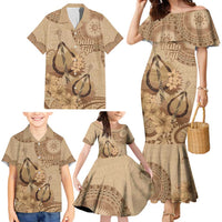 Brown Bula Fiji Family Matching Mermaid Dress and Hawaiian Shirt Fijian Dance Fan Tapa Cloth Pattern