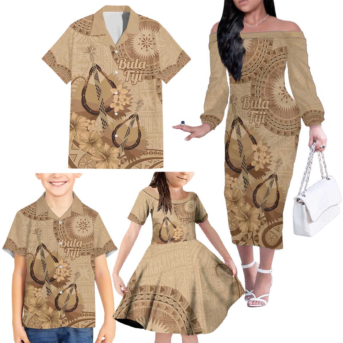 Brown Bula Fiji Family Matching Off The Shoulder Long Sleeve Dress and Hawaiian Shirt Fijian Dance Fan Tapa Cloth Pattern