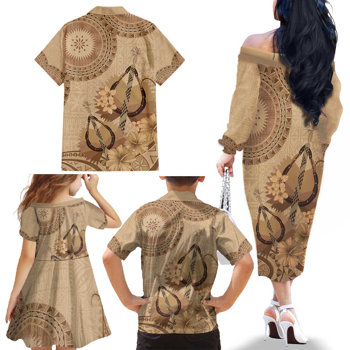 Brown Bula Fiji Family Matching Off The Shoulder Long Sleeve Dress and Hawaiian Shirt Fijian Dance Fan Tapa Cloth Pattern