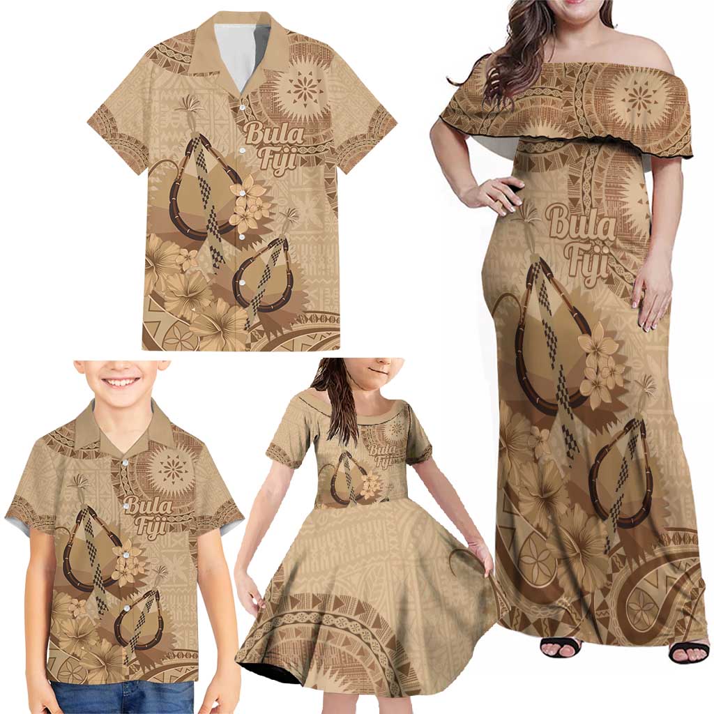 Brown Bula Fiji Family Matching Off Shoulder Maxi Dress and Hawaiian Shirt Fijian Dance Fan Tapa Cloth Pattern