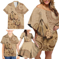 Brown Bula Fiji Family Matching Off Shoulder Short Dress and Hawaiian Shirt Fijian Dance Fan Tapa Cloth Pattern