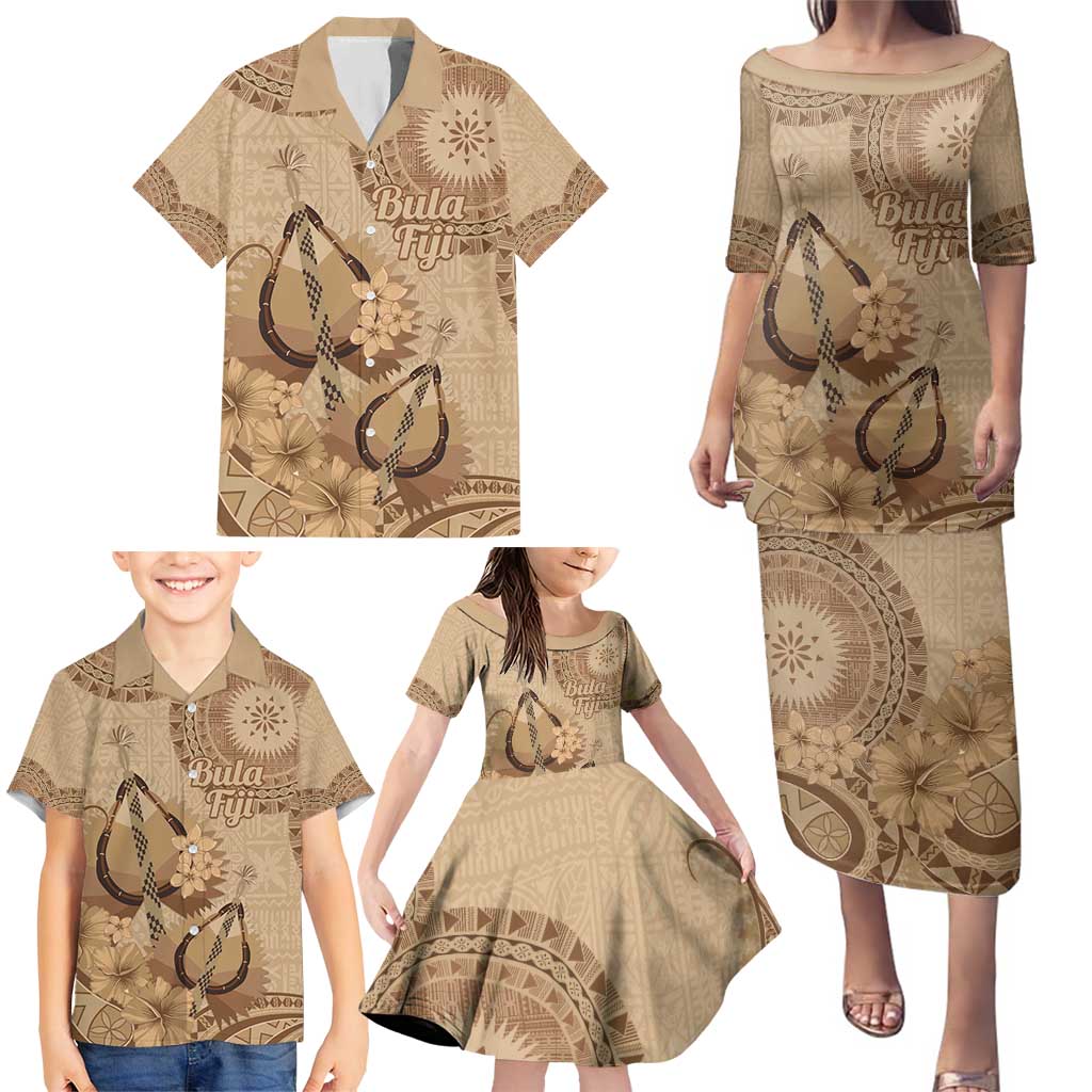 Brown Bula Fiji Family Matching Puletasi and Hawaiian Shirt Fijian Dance Fan Tapa Cloth Pattern