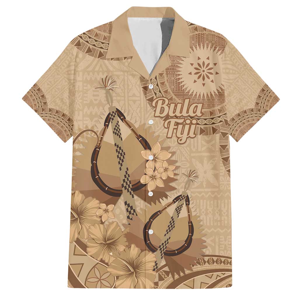 Brown Bula Fiji Family Matching Short Sleeve Bodycon Dress and Hawaiian Shirt Fijian Dance Fan Tapa Cloth Pattern