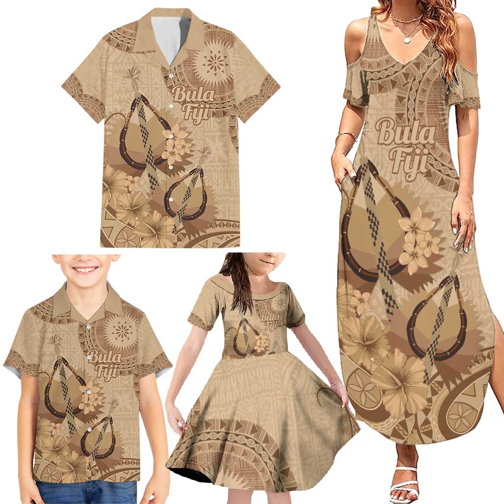 Brown Bula Fiji Family Matching Summer Maxi Dress and Hawaiian Shirt Fijian Dance Fan Tapa Cloth Pattern